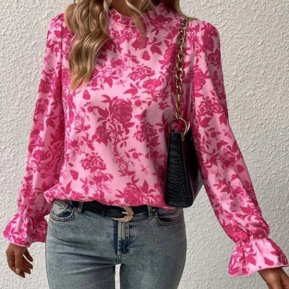 Boho floral long flounced sleeved Blouse top Pink